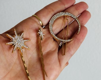 Celestial Hair Clip Set: Gold Moon and Star Hair Pins