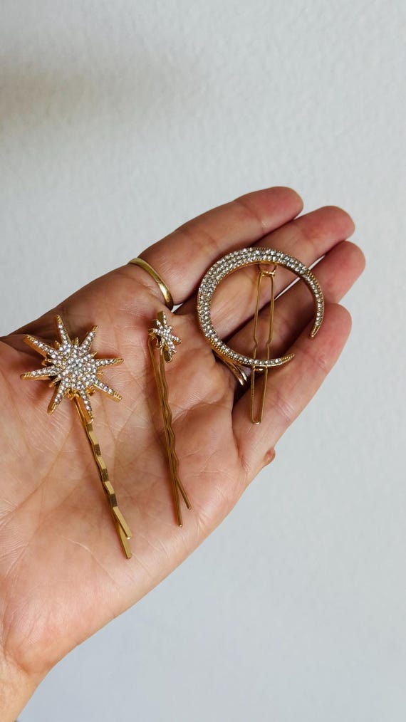Gold Rhinestone Hair Clip Set with Pisces & Celestial Motifs Pisces Hair Pins - Etsy main image 2