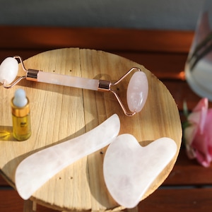 Rose Quartz Gua Sha Set with Face Roller & Acupressure Wand + 5ml Facial Oil for Glowing Skin Massage Tool