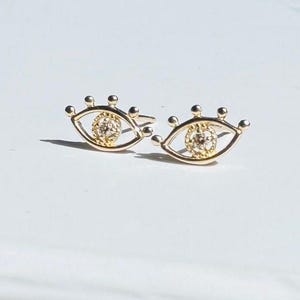 14k Gold Evil Eye Diamond Stud Earrings