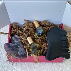 Amethyst & Bian Stone Gua Sha Set: Face Oil Self Care Gift Box
