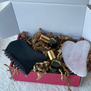 Rose Quartz & Bian Stone Gua Sha Set - Radiance Face Oil, Valentines Gift