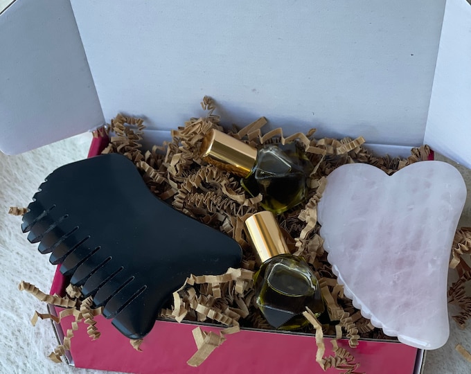 Face Oil Gua Sha, Valentines Gift Set, Rose Quartz Gua Sha & Bian Stone Gua Sha Set