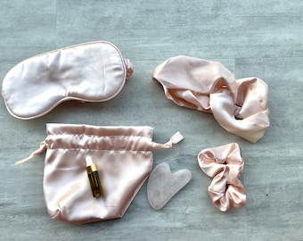 Gua Sha Set, Light Pink Faux Silk Eyemask, Hair tie, Rose Quartz Gua Sha, New Mom Gift Set, Holiday Bundle, Bridesmaids Gift