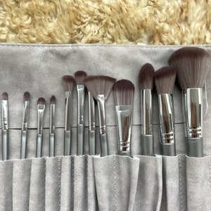 Makeup Brush Set 14-Piece Limited Edition Faux Suede Gray Vegan Brushes with Personalized Message – Holiday, Birthday Gift