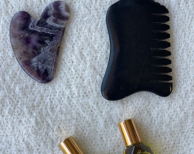 Valentines Gift Set, Bian Stone Gua Sha & Amethyst Gua Sha Set, Face Oil Gua Sha Self Care Box, Face Massage