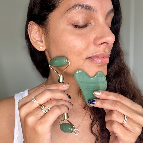 Indian Green Jade Gua Sha, Green Jade Roller Set,  Limited edition 5ml Face Oil, Mothers Day Gift