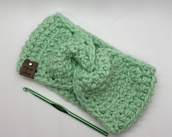 Diadema de ganchillo gruesa para calentar las orejas: giro verde menta