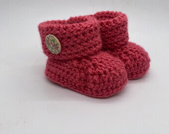 0-6 mos Red Cuffed Baby Booties with Button Detail | Gift | Baby Shower | Infant Footies | Handmade Booties