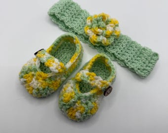 Diadema y patucos a juego para bebés de 0 a 6 meses, color menta, amarillo y blanco / Listo para enviar / Envío rápido