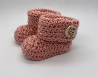 0-6 mos Pink Cuffed Baby Booties with Button Detail | Gift | Baby Shower | Infant Footies | Handmade Booties