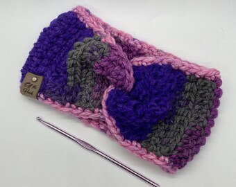 Diadema de ganchillo gruesa para calentar las orejas: acrílico morado, rosa y gris