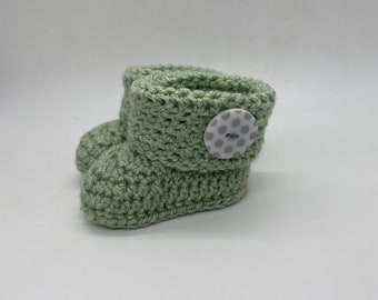 0-6 mos Sage Green Cuffed Baby Booties with Polka Dot Button Detail | Gift | Baby Shower | Infant Footies | Handmade Booties