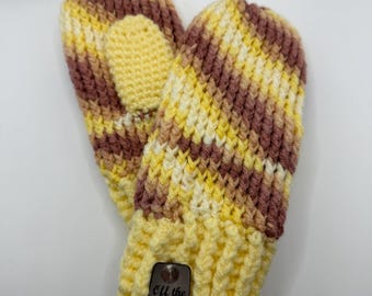 Crochet Adult Yellow, Brown, Peach and White Mittens | Fast Shipping | Ready to Ship