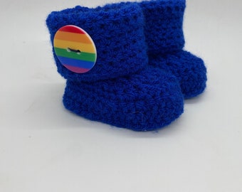 0-6 mos Blue Cuffed Baby Booties with Rainbow Button Detail | Gift | Baby Shower | Infant Footies | Handmade Booties