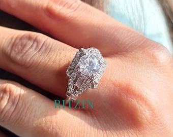 2 TCW Round Cut Moissanite Ring, Vintage Wedding Ring, Solid 14K White Gold Ring, Art Deco Diamond Moissanite Engagement Ring
