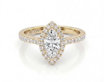 Anillo de compromiso con diamantes cultivados en laboratorio de talla marquesa de 10K/14K/18K para mujer, anillo de compromiso con halo, anillo de aniversario, regalo de cumpleaños para ella.