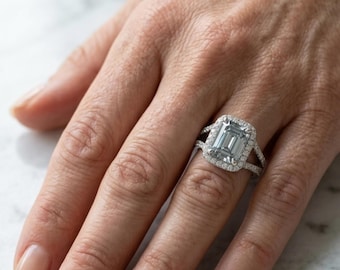 Anillo de compromiso con halo de moissanita talla esmeralda de 3 quilates en plata de ley 925, anillo de boda, anillo de promesa de pedida de mano, regalo de boda minimalista para ella.