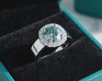 Anillo de compromiso con halo de moissanita de talla redonda de 1 quilate en plata de ley 925. Anillo de boda minimalista. Anillo de propuesta de matrimonio. Regalo de aniversario para ella.