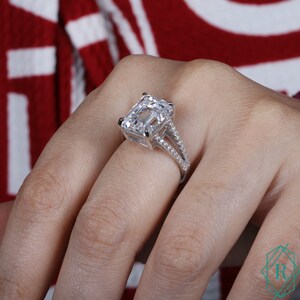 Emerald Cut Moissanite Engagement Ring, 6.77 TCW Emerald and Round Moissanite, Split Shank - Handmade Ring, Anniversary Gift for Women