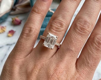 Anillo de compromiso con halo oculto de 3 quilates, talla esmeralda, con diamantes simulados, plata de ley 925, anillo de promesa nupcial, regalo de aniversario para ella.