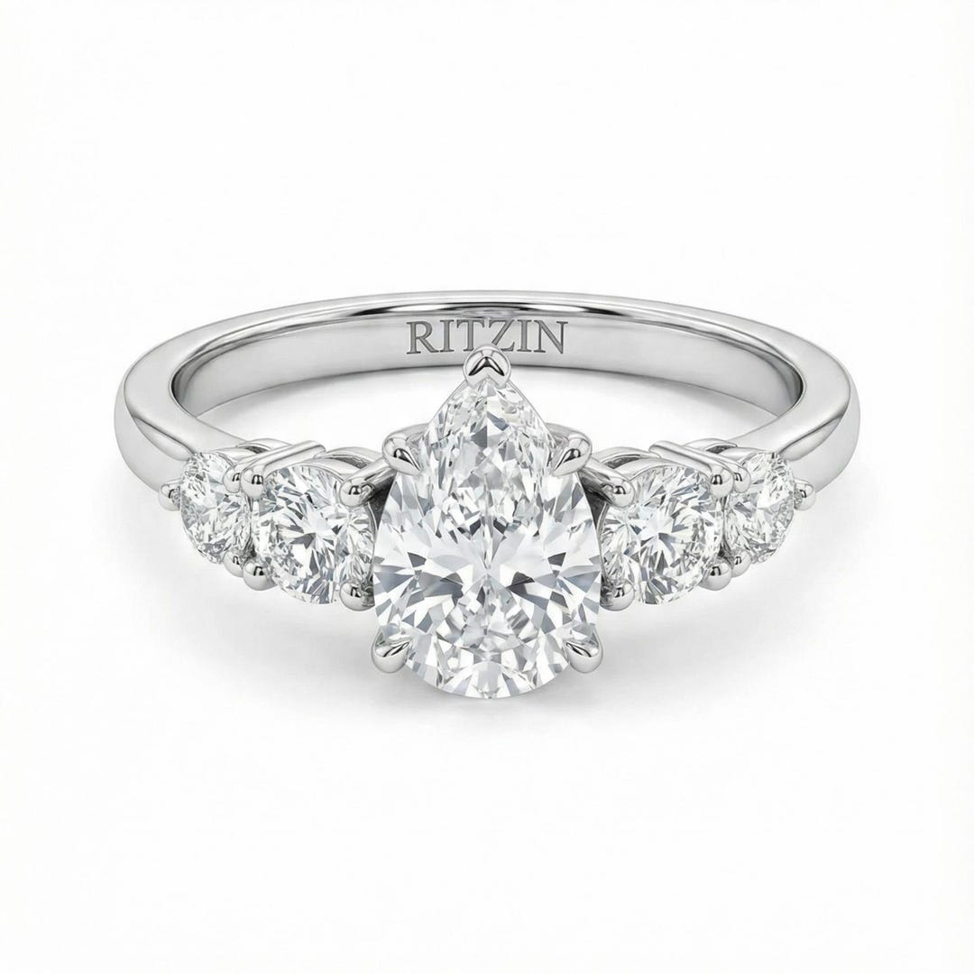 Pear Cut Lab Grown Diamond Five Stone Ring, 14K Yellow Gold Engagement ...
