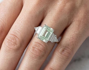 Anillo de compromiso de plata de ley 925 maciza con moissanita talla esmeralda de 1,5 quilates y 5 piedras, regalo de aniversario para ella, joyería nupcial hecha a mano.
