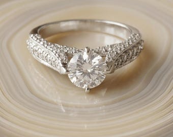 Round Cut Moissanite Solitaire Engagement Ring, 925 Sterling Silver Dainty Ring Minimalist Bridal Ring Wedding Ring Anniversary Gift for Her