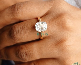 Vintage Moissanite Ring, 3.15TCW Cushion Colorless Hidden Halo Classic Engagement Ring, Wedding Ring, Double Prongs, Antique Comfort Ring
