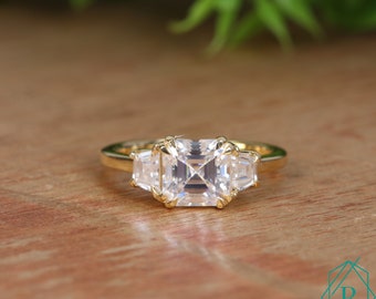 7.00MM 2.5CT Asscher Cut Moissanite Ring/Moissanite Diamond Three Stone Ring/10K White Gold Unique Engagement Silver Ring/Birthday Gift Ring