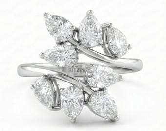 Anillo de diamantes de laboratorio con corte de pera, anillo de oro de 14 quilates con derivación de hoja, anillo de diamantes CVD estilo hoja, regalo de bodas para ella, anillo inspirado en la naturaleza.