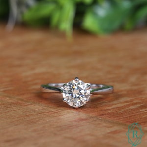 Round Solitaire Ring, 7.50MM Round Near White Moissanite Ring, Dainty Round Moissanite Solitaire Engagement Ring, 14K White Gold Over Ring