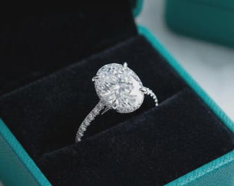 Anillo de compromiso con diamante simulado de talla ovalada de 4 quilates y halo oculto. Anillo de promesa y propuesta de matrimonio en plata de ley 925. Anillo de boda. Regalo de aniversario para ella.