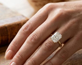 Anillo de compromiso con halo oculto y talla radiante de 2,5 quilates, plata de ley 925, anillo con diamantes simulados, anillo de viaje, regalo de aniversario para ella.