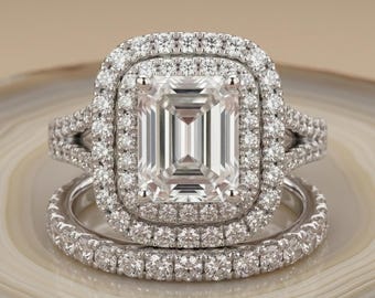2.5 CT Emerald Cut Moissanite Engagement Ring Set, 925 Sterling Silver Bridal Wedding Ring Set for Women, Statement Anniversary Gift for Her