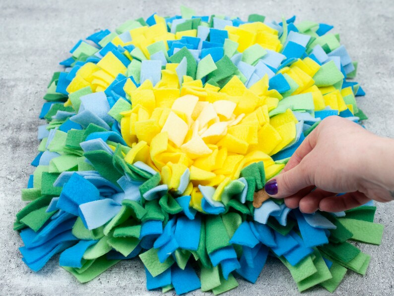 Snuffle Mat for Dogs, Canine Enrichment Toy, Slow Feeder for Pets, Dense and Challenging Pawprint Yellow, Green and Blue Washable image 2