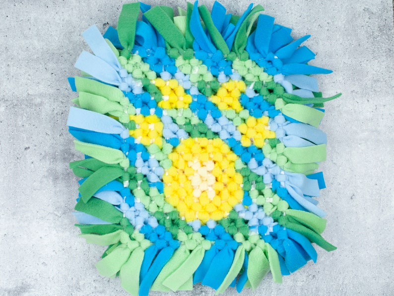 Snuffle Mat for Dogs, Canine Enrichment Toy, Slow Feeder for Pets, Dense and Challenging Pawprint Yellow, Green and Blue Washable image 3