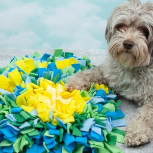 Snuffle Mat for Dogs, Canine Enrichment Toy, Slow Feeder for Pets, Dense and Challenging Pawprint Yellow, Green and Blue Washable image 4