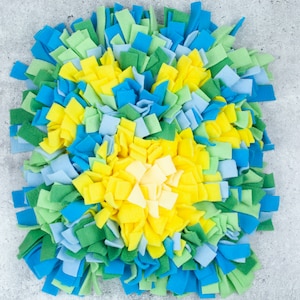 Snuffle Mat for Dogs, Canine Enrichment Toy, Slow Feeder for Pets, Dense and Challenging Pawprint Yellow, Green and Blue Washable image 1