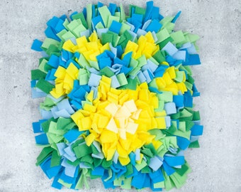 Snuffle Mat for Dogs, Canine Enrichment Toy, Slow Feeder for Pets, Dense and Challenging - Pawprint Yellow, Green and Blue - Washable