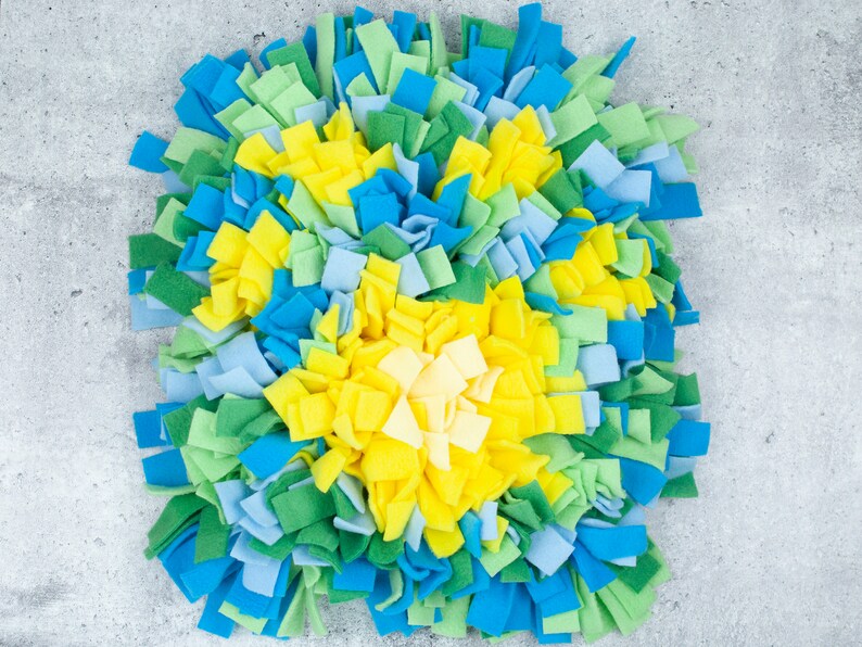 Snuffle Mat for Dogs, Canine Enrichment Toy, Slow Feeder for Pets, Dense and Challenging Pawprint Yellow, Green and Blue Washable image 1