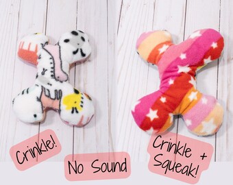 Plush Bone Dog Toy, Stuffed Toy for Dogs with Crinkle, Squeak, No Sound Options - Pink stars and white animals - Washable