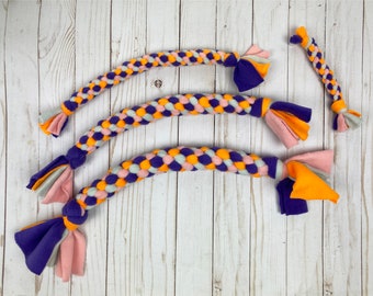 Fleece Knotted Tug Toy for Dogs, Braided Training Toy,  Fun Interactive Play - All Sizes Mini Small Medium Large - Purple Orange Pink Grey