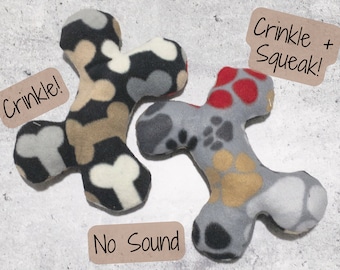 Plush Bone Dog Toy, Stuffed Toy for Dogs with Crinkle, Squeak, No Sound Options - Black \, grey and neutral bones and pawprints - Washable