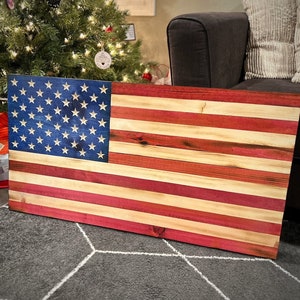 Handcrafted Wood Flag 36&quot;x19.5&quot;, Engraved Stars, Burned Wooden Flag, USA Flag, Wood Flag Gift, Patriotic Décor, Made in Alaska