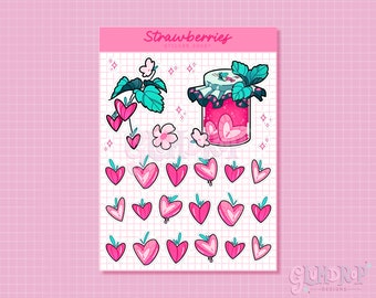 Cute Strawberries Sticker Sheet | Kiss-Cut, Glossy Finish | Enchanting Berry Themed Decorative Journal, Planner, Scrapbooking Stickers