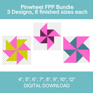 Puede incluir: Patrón de bloque de colcha en forma de molinillo, descargable digitalmente. El patrón incluye tres diseños diferentes en ocho tamaños terminados: 4", 5", 6", 7", 8", 9", 10" y 12".