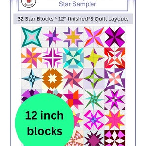 May include: A vibrant quilt pattern showcasing 32 star blocks, each 30.48 cm. The design features diverse star shapes in pink, purple, orange, green, and blue. The image includes the text "Foundation Paper Pieced Star Sampler."