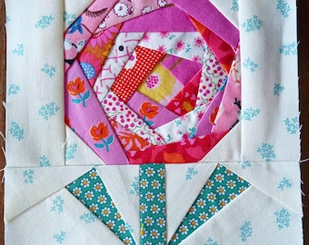 Rose FPP Foundation Paper Piecing quilt block pattern Digital Download
