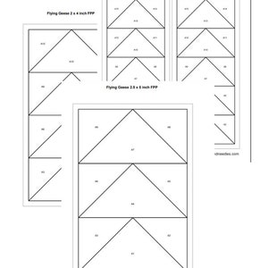 K&ouml;nnte beinhalten: Diagramm, das zeigt, wie man Stoff f&uuml;r einen Flying-Geese-Quiltblock in drei verschiedenen Gr&ouml;&szlig;en schneidet: 2 x 4 Zoll, 1,5 x 3 Zoll und 2,5 x 5 Zoll. Das Diagramm enth&auml;lt Beschriftungen f&uuml;r jedes Stoffst&uuml;ck.